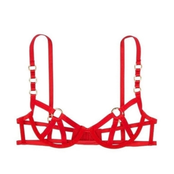 VICTORIA'S SECRET Red Very Sexy Strappy Harness Bra & Garther Belt 2 Pc Set - Picture 8 of 11
